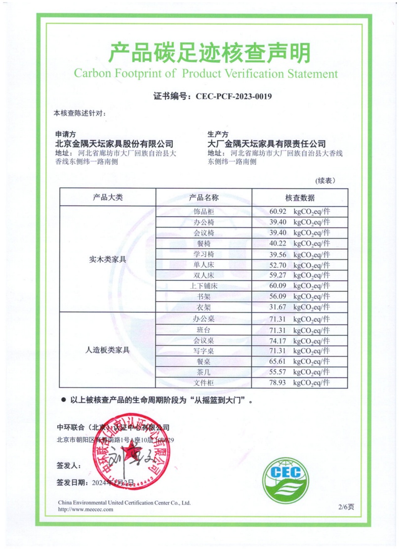 大厂金隅天坛家具有限责任公司-CEC-PCF-2023-0019